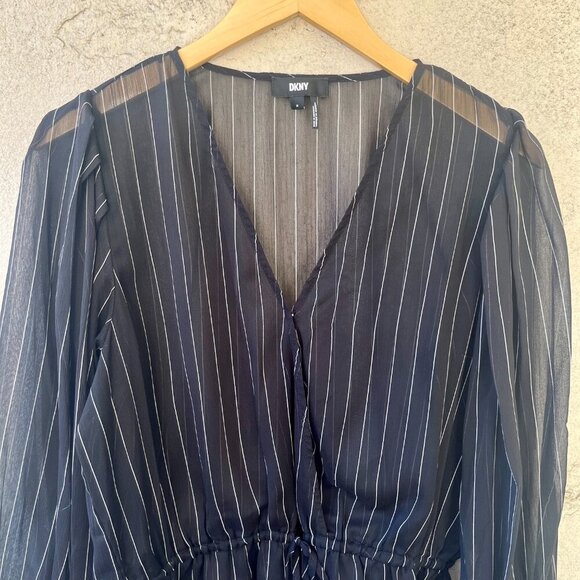 DKNY Black Striped Peplum Sheer Blouse Medium - Picture 3 of 9